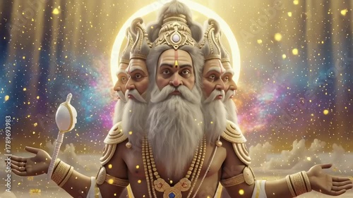 Lord Krishna and Lord Brahma appearing together in a magnificent celestial vision — Krishna radiating serene blue divine light, while Brahma seated on a glowing lotus, surrounded by cosmic energy and 