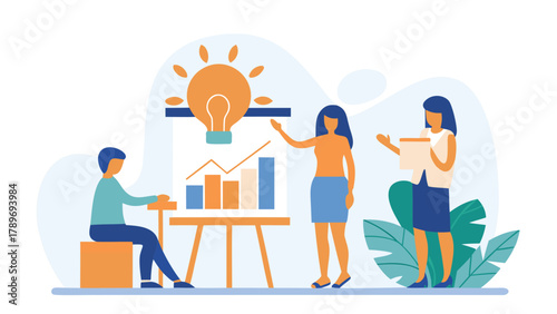 Diverse team collaborating on a new project with a woman leading the presentation and discussing ideas with colleagues in a modern office setting