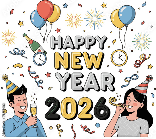 Create a Happy new year title design 2026 elements party man and women vector art with white background.