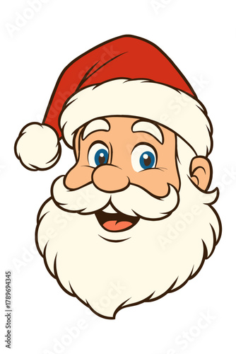 Jolly Santa Claus Cartoon Face – Festive Icon Isolated on White Background.