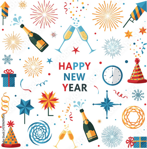Create a kinds of deferent Happy new year elements vector art with white background.