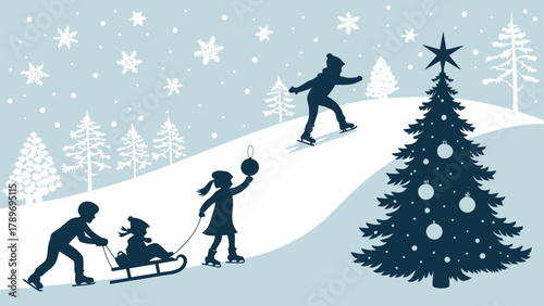 Joyful winter scene silhouette of children ice skating and sledding near a decorated Christmas tree during snowfall.