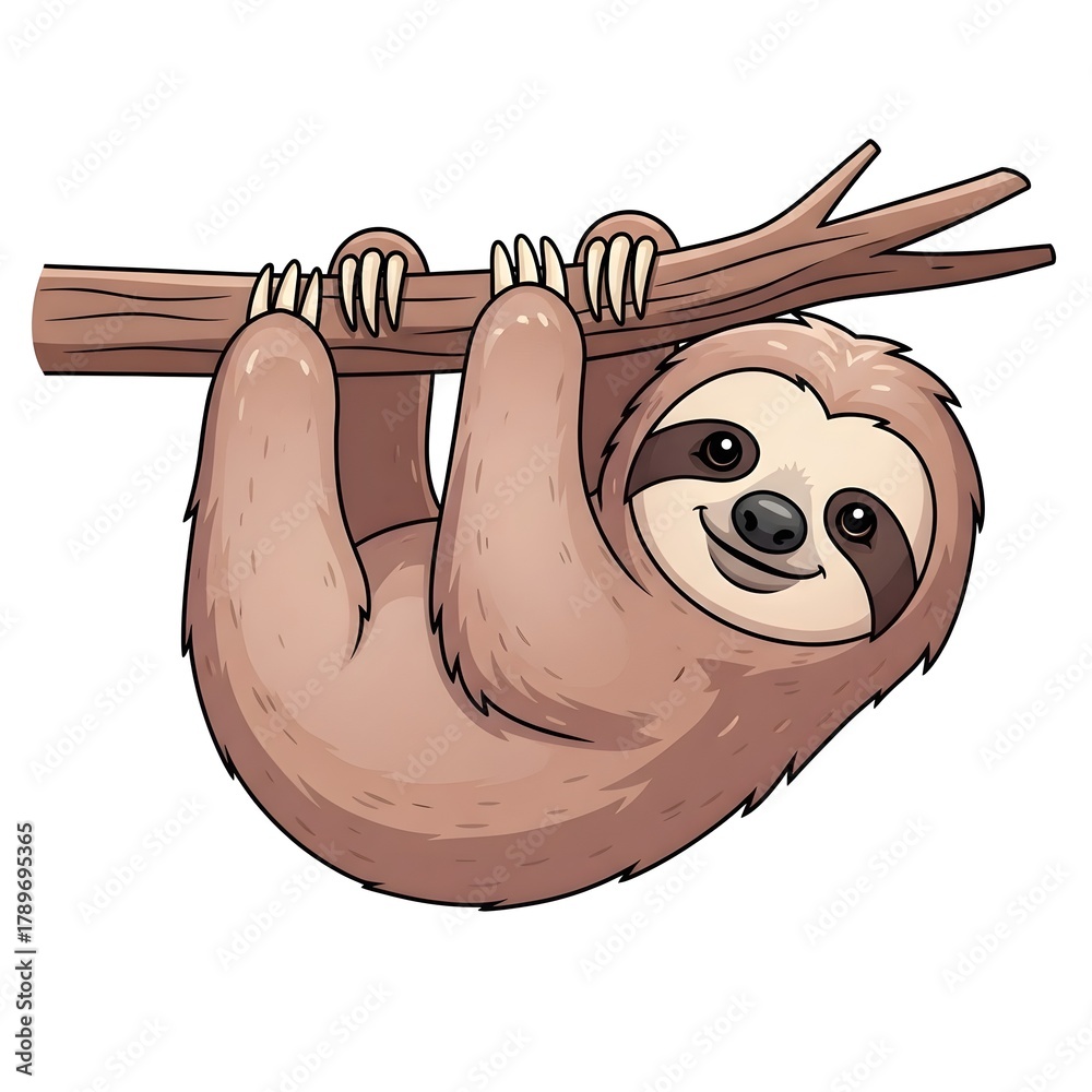 Naklejka premium Cute cartoon sloth hanging from a tree branch illustration, smiling happily