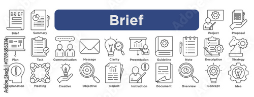 A professional brief icon set illustrating concepts like summary, project, proposal, communication, strategy, report, and idea in modern outline style.
