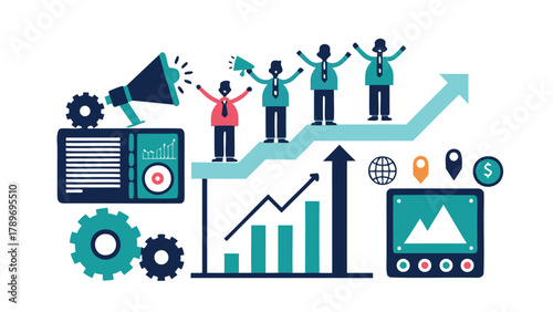 Diverse team of marketers celebrating a successful campaign with colorful graphics and confetti representing achievement and teamwork in business