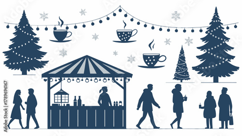 Festive winter market silhouette with steaming cups and decorated trees captures holiday spirit and community celebration