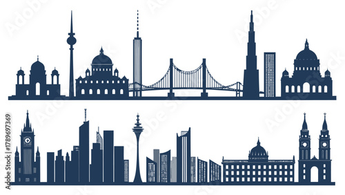 Iconic city skyline silhouettes showcasing architectural landmarks and modern structures, a dynamic silhouette.