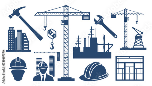 Dynamic construction silhouette collection featuring cranes, hard hats, buildings, and tools for urban development projects