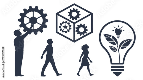 Dynamic business team silhouette drives innovation with gears and idea lightbulb, showcasing progress silhouette