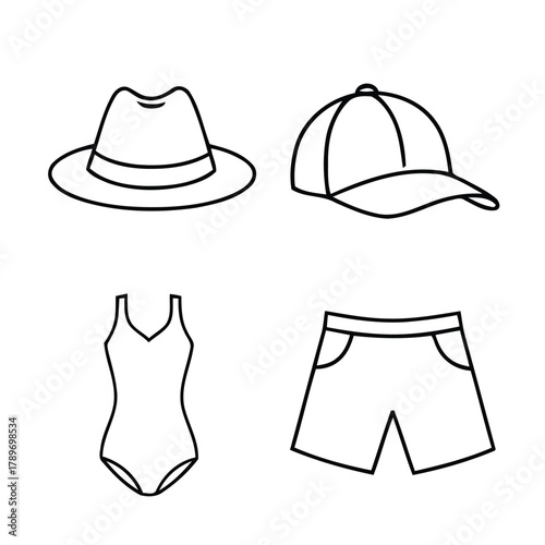 Collection of summer clothing and accessories icons in a simple line art style
