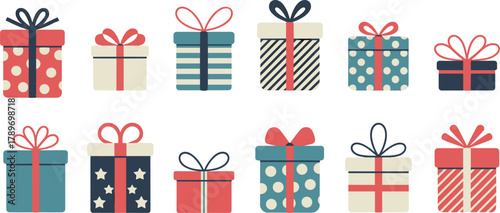 Colorful gift boxes collection, festive holiday presents, decorative ribbons, birthday celebration, Christmas packaging, flat vector illustration design, party surprise elements