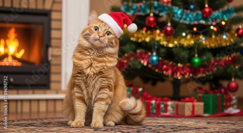 Cute orange cat wearing a santa hat sits by a fireplace and christmas tree