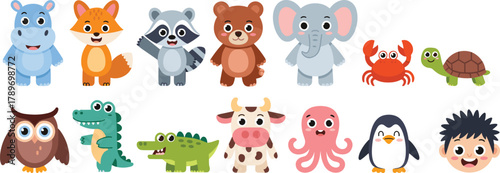 Cartoon animals, cute human face, colorful vector illustration, friendly wildlife, children learning, playful icons, educational design, stock art collection, kids content