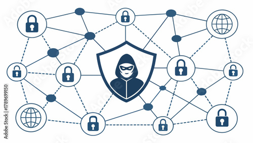 Cyber threat silhouette hacker network with locks and globes protecting data security concept