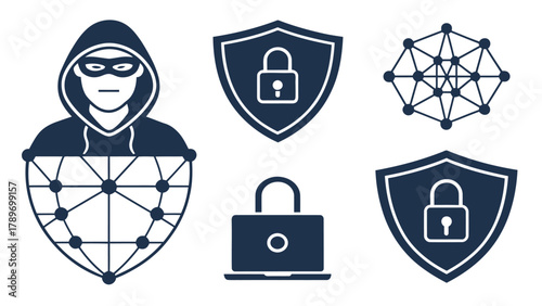 Cyber threat silhouette hacker, locked laptop, and shield icons for digital security concepts