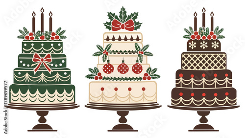 Elegant tiered holiday cake silhouettes celebrate festive occasions with decorative holly and candles, a charming silhouette.