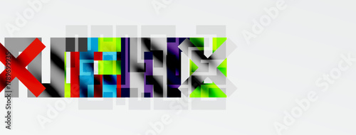 Abstract colorful blocks form text. Letters appear fragmented, pixelated. White background contrasts vibrant hues. Modern digital aesthetic.