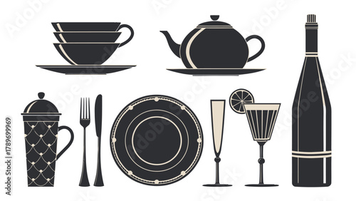 Elegant dining set silhouette, a sophisticated ensemble for any celebratory occasion, perfect for modern designs.