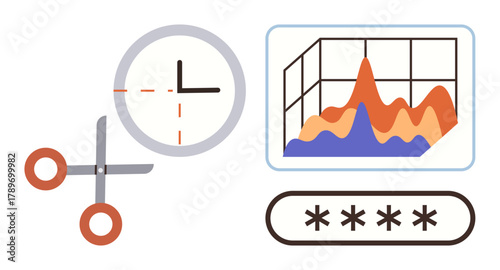 Scissors cutting time, data chart with peaks and troughs, and password field. Ideal for productivity, security, data analysis, strategy planning, time saving efficiency abstract metaphor. Simple