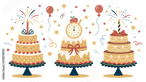 Festive tiered cakes with fireworks balloons and confetti silhouette a celebration of joy and milestones