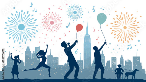 Joyful city celebration silhouette with fireworks, balloons, and happy people dancing in a dynamic urban scene
