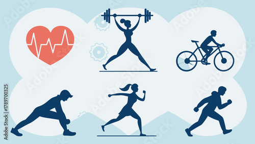 Dynamic fitness silhouettes depicting healthy lifestyle activities including running cycling weightlifting and heart health