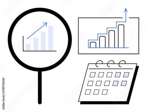Magnifying glass highlights upward bar chart, calendar shows planning growth analysis theme. Ideal for productivity, data tracking, reporting, planning, strategy visualization, research, simple flat