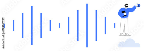 Vertical soundwave lines and a person holding a globe and clipboard on a cloud. Ideal for technology, AI, audio processing, communication, innovation, global reach, and analysis themes. A simple flat