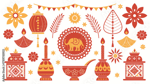 Vibrant Indian festival silhouette elements: lanterns, diyas, flowers, and elephant for celebration