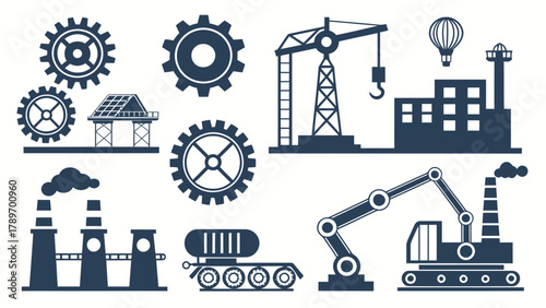 Dynamic industrial silhouette collection featuring gears factory crane excavator and transport for modern projects