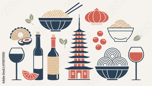 Vibrant culinary and travel silhouette collection showcasing Asian pagoda, food, and wine essentials