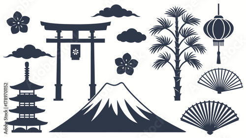 Iconic Japanese silhouette collection featuring Mount Fuji, pagoda, torii gate, and cherry blossoms for cultural designs