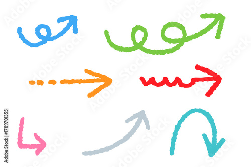 手描き風のカラフルな矢印イラストセット、曲線や波線などさまざまな形の矢印を集めたデザイン素材