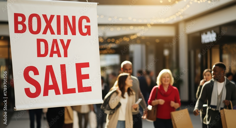 Fototapeta premium Captivating Boxing Day sale sign displayed in busy shopping center. Boxing Day signals start of holiday sales, inviting customers inside stores.