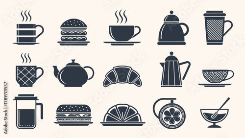 Modern collection silhouette icons food drink beverage breakfast cafe essentials for design projects
