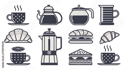 Delightful breakfast icons silhouette featuring coffee cups, croissants, sandwiches, and coffee makers for a perfect morning.