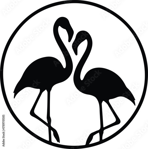 Behang Illustration Two flamingos forming heart in circular frame silhouette vector