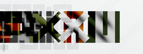 Abstract mosaic pattern. Dark greens, browns, oranges dominate over white background. Rectangular blocks create fragmented visual texture.