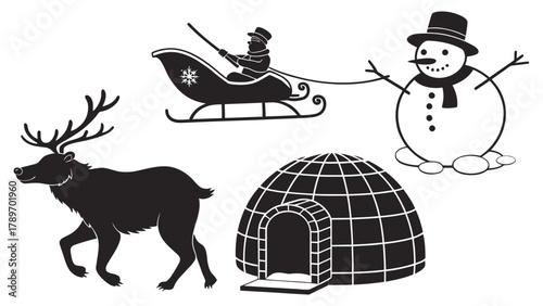 Charming winter scene silhouette featuring a reindeer, sleigh rider, snowman, and igloo, perfect for festive designs.