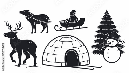 Joyful winter holiday scene silhouette with reindeer, sleigh, igloo, snowman and pine tree
