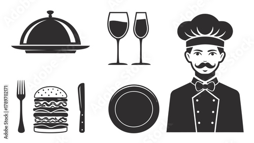 Professional chef silhouette presenting a gourmet meal with wine and burger, stylish dining silhouette