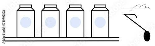 Four milk cartons neatly aligned on a shelf alongside milk pouring into a spoon under simple line art of a cloud. Ideal for dairy, food industry, minimalism, nutrition, packaging, beverage, flat