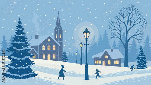 Charming winter village silhouette with children playing in snow under lamplight and cozy homes