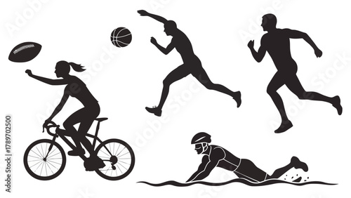 Dynamic silhouette collection showcases athletes cycling, running, playing basketball, and swimming with energetic motion.