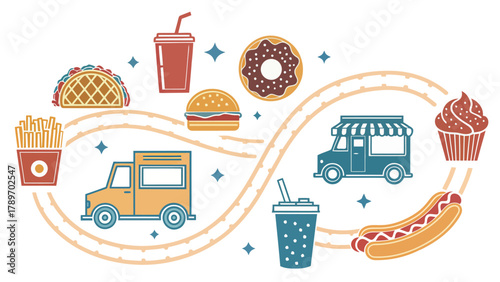 Vibrant food truck festival silhouette with diverse street food icons and festive stars
