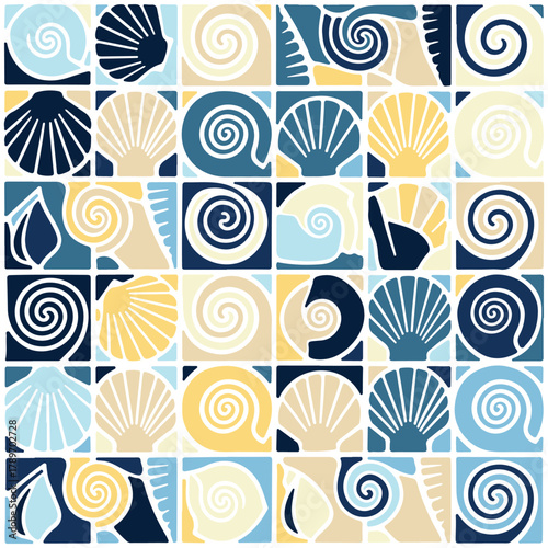 Seamless Marine Shell Pattern – Ocean Spiral and Scallop Shells in Soft Pastel Coastal Colors