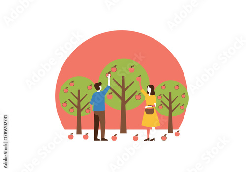 A flat minimalist vector illustration of a couple picking apples in an orchard, autumn harvest theme.
