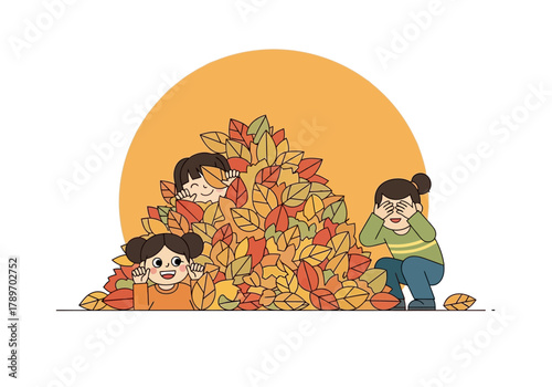 A flat minimalist vector illustration of children playing hide-and-seek in a leaf pile, autumn playful theme.