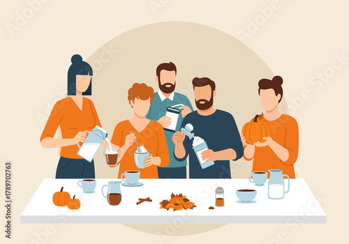 A flat minimalist vector illustration of friends making pumpkin spice lattes together, autumn culinary theme.