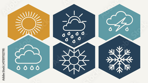 Dynamic weather forecast icons depicting sun, rain, storm, and snow silhouette for meteorological predictions